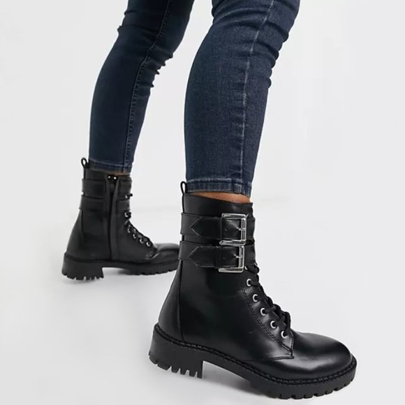 Bershka Shoes - Bershka Black Combat Buckled Biker Boots | Size 8 | NWT